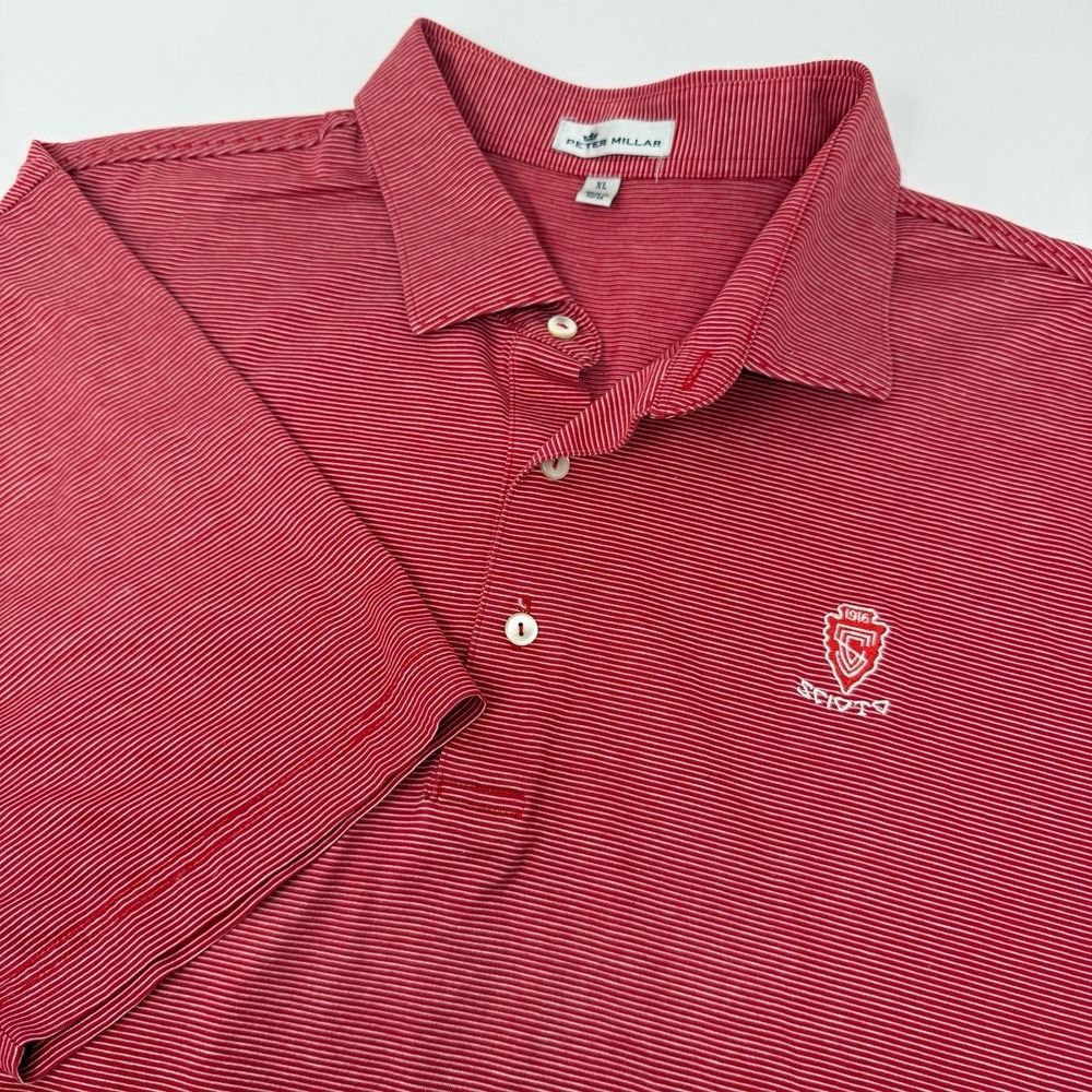 Peter Millar Polo Shirt Men's XL Red White Stripe Scioto Country Club 1916 Logo